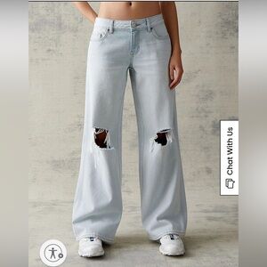 NWT PacSun Eco Light Blue Ripped Low Rise Baggy Wide Leg Jeans Size 24